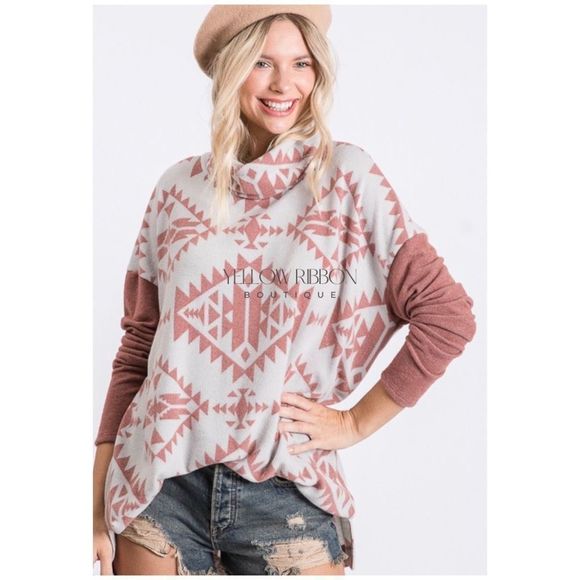 NEW Southwest Vibes Brushed Aztec Cowl Neck Tunic Sweater - Picture 4 of 5